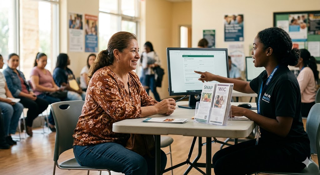 A benefits counselor helping someone apply